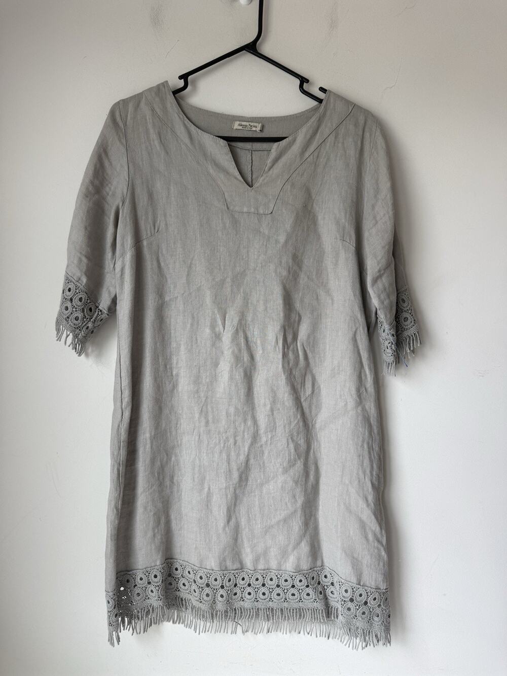 Alessia Pacini Made in Italy Womens Small Natural Linen Shift Dress Lace Trim